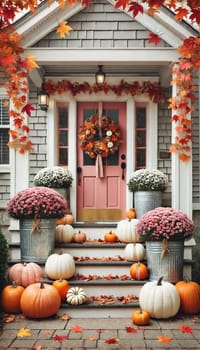 A welcoming porch features a soft pink door adorned with autumn garlands, wreaths, and stacked pumpkins tied with elegant ribbons. Galvanized metal planters hold seasonal flowers, creating a cozy fall atmosphere.