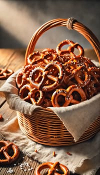 Freshly baked pretzels with a golden-brown crust and coarse salt sprinkled on top, lying on a dark textured surface. The contrast of the soft dough and crisp outer layer creates a visually appetizing appeal, with small salt crystals scattered around the pretzels.