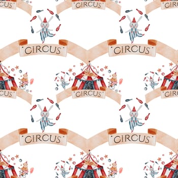 Circus watercolor pattern. Hand drawn cute animal on isolated white background. Clipart of a bear on a bicycle, a bunny with gymnastics clubs, a tiger and a magician's hatPerfect for textiles and attributes for baby shower and birthdays. High quality illustration