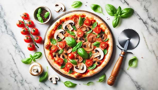 A close-up of a pizza on a white marble surface in a contemporary kitchen. A slice is being lifted, with melted cheese stretching, showcasing the pizza's toppings of sautéed mushrooms, cherry tomatoes, and fresh basil. The modern kitchen in the background features sleek countertops, warm lighting, and a cozy atmosphere.