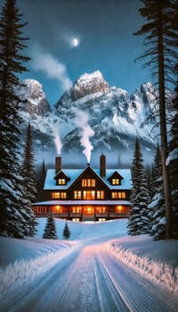 A serene mountain lodge sits nestled at the base of snow-covered peaks, softly illuminated as dusk settles. The sky is clouded, adding a misty glow to the towering, forested mountains in the background, while warm light spills from the lodge windows.