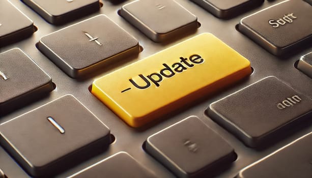 A side-angle close-up of a dark gray keyboard, focusing on the yellow "Update" key. The unique perspective highlights the key's prominence and contrasts with the surrounding dark gray keys.