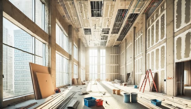 The image showcases a partially constructed room, featuring unpainted drywall with tape and joint compound applied. A ladder, construction buckets, and drywall sheets scattered across the floor suggest ongoing work, while sunlight filters through the windows, casting shadows across the room.