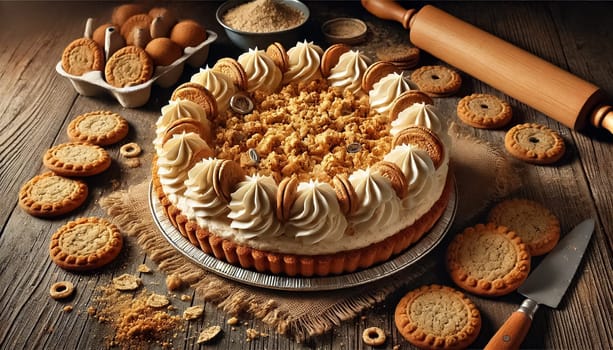A beautifully decorated oatmeal creme pie cake sits on a marble stand, topped with swirls of whipped cream and oatmeal cookie pieces. The golden crumbs at the base add texture, and the rustic backdrop includes extra oatmeal cookies and cozy fabrics.