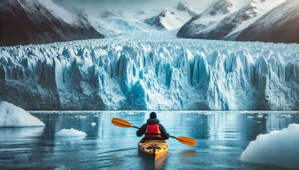 A lone kayaker paddles through a serene glacial lake, surrounded by towering ice walls and rugged mountains. The blue-hued glacier stands tall in the background, with jagged crevasses creating a mesmerizing natural spectacle.