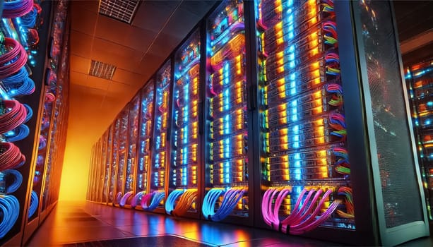 High angle view of server racks in a dark data center, brightly illuminated by the vibrant lights from the computers. Colorful computer cables are meticulously plugged into each unit, showcasing the organized and complex network infrastructure.