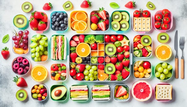 Wide views of colorful bento boxes filled with an assortment of fresh fruits, vegetables, sandwiches, and snacks. The neatly organized compartments highlight each ingredient, promoting a healthy, balanced meal presentation.