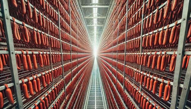 A spacious industrial drying room featuring long rows of neatly hung reddish-brown sausages. The perspective emphasizes the symmetry and precision of the orderly setup, framed by clean metal racks in a well-lit environment.