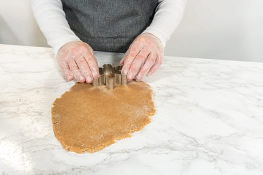 A person rolling out gingerbread dough with cookie cutters placed nearby.
