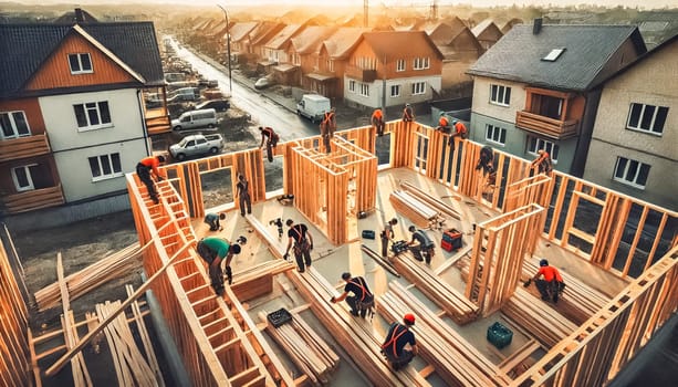 A group of construction workers are actively assembling the wooden frame of a house. The workers are balancing on beams, using nail guns to secure wood while others are aligning vertical posts. Nearby homes and a fence form the background.