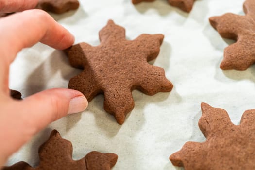 Hand holding a baked Chocolate Ginger Sugar Cookie in the shape of a snowflake, showcasing the intricate edges and baked finish.