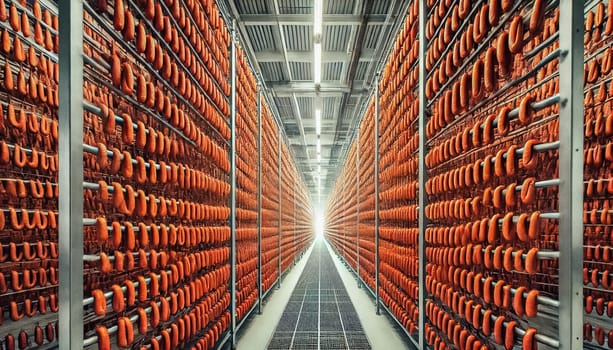 A spacious industrial drying room featuring long rows of neatly hung reddish-brown sausages. The perspective emphasizes the symmetry and precision of the orderly setup, framed by clean metal racks in a well-lit environment.