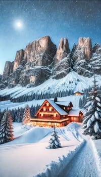 A serene mountain lodge sits nestled at the base of snow-covered peaks, softly illuminated as dusk settles. The sky is clouded, adding a misty glow to the towering, forested mountains in the background, while warm light spills from the lodge windows.