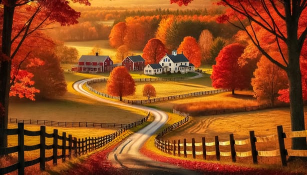 A peaceful autumn scene featuring a curving road leading to rustic wooden barns, surrounded by fiery orange and red trees. The warm sunlight creates a soft glow through the dense foliage, with fallen leaves scattered along the road.