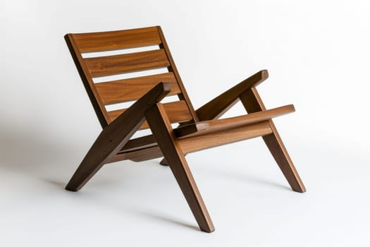 A stylish wooden lounge chair with slatted backrest and armrests is positioned in a well-lit space, inviting relaxation and comfort.