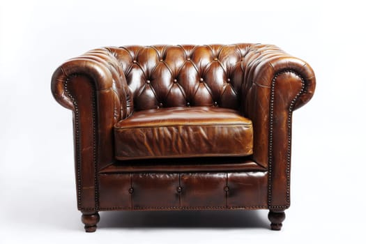 This luxurious brown leather armchair features a classic tufted design, perfect for adding sophistication to any living space.