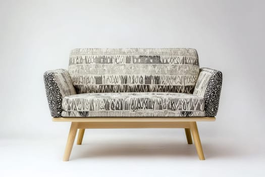 This cozy two-seater couch features a striking pattern on fabric-covered cushions and sturdy wooden legs, perfect for modern interiors.