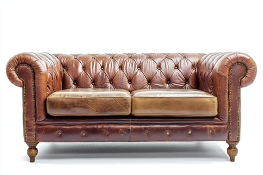 A classic brown leather Chesterfield sofa features tufted upholstery and shows signs of wear, adding character to its inviting design.
