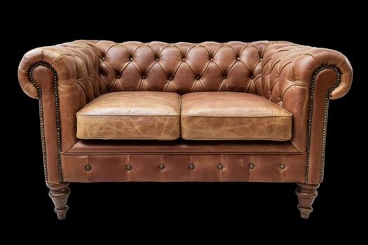 A beautiful brown leather Chesterfield sofa featuring tufted upholstery and polished wooden legs, ideal for any stylish living space.