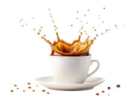 Dramatic coffee splash captured in mid-air as it overflows from a white ceramic cup on a saucer. High-speed photography of hot beverage in motion. Isolated on white background.