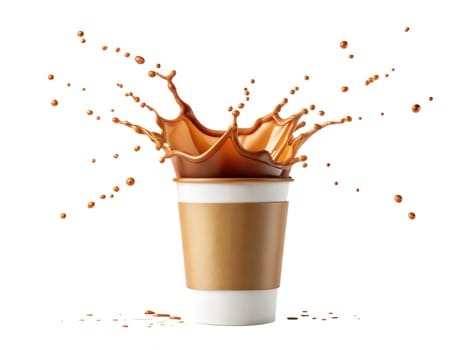 Dynamic coffee splash exploding from a paper takeaway cup. High-speed capture of hot beverage in motion. Isolated on white background.