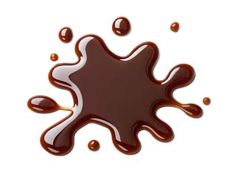 Dark brown liquid splash with glossy texture and scattered droplets. Perfect for coffee, chocolate, or caramel design concepts. Isolated on white background.