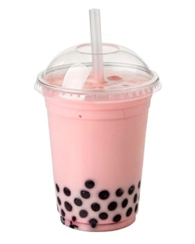 Refreshing lychee bubble tea with black tapioca pearls served in a plastic cup with a straw. Sweet, fruity, and creamy beverage. Isolated on white background