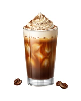 Delicious iced coffee topped with whipped cream and sprinkled with cocoa powder. A refreshing and indulgent coffee treat. Isolated on white background.