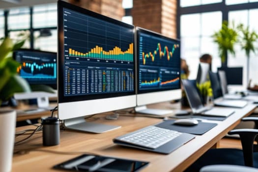 data analyst workstation, a space with computers, on-screen graphs and analytical tools generated ai alt monitor modern work place . High quality photo