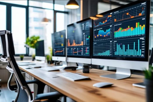 data analyst workstation, a space with computers, on-screen graphs and analytical tools generated ai alt monitor modern work place . High quality photo