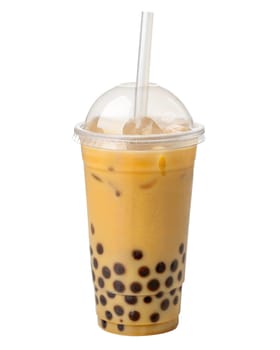 Delicious Earl Grey milk bubble tea with chewy tapioca pearls and ice in a plastic cup with a straw. Refreshing and tasty. Isolated on white background.