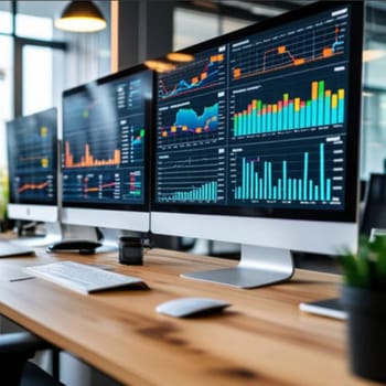 data analyst workstation, a space with computers, on-screen graphs and analytical tools generated ai alt monitor modern work place . High quality photo