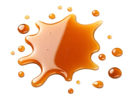 Close-up of a brown liquid splash with droplets scattered around. Glossy and smooth texture, perfect for coffee, caramel, or syrup concepts. Isolated on white background.