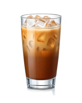 Refreshing iced coffee with milk served in a clear glass with ice cubes. A perfect cold beverage for summer. Isolated on white background.