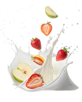 Fresh fruit slices including strawberries, apples, and peaches splashing into milk, creating a dynamic and vibrant scene. Isolated on white background