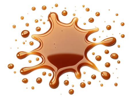 Close-up of a brown liquid splash with droplets scattered around. Glossy and smooth texture, perfect for coffee, caramel, or syrup concepts. Isolated on white background.