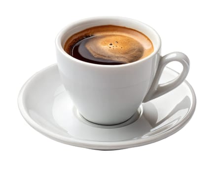 A white ceramic cup filled with freshly brewed espresso coffee, featuring a rich golden crema. Elegant and minimalistic design. Isolated on white background.