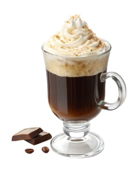 Classic Irish coffee with rich espresso, whiskey, and topped with whipped cream and cinnamon. Served in a glass mug with chocolate pieces. Isolated on white background