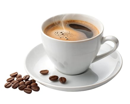 Hot americano coffee with rich crema served in a white ceramic cup with saucer. Fresh roasted coffee beans beside the cup. Isolated on white background.