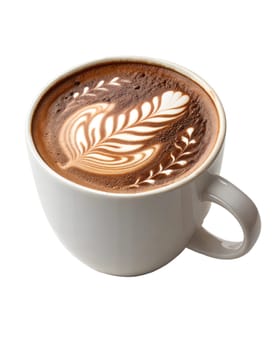 Mocaccino coffee with creamy milk foam and artistic latte art in a white ceramic cup. Classic barista-style hot drink. Isolated on white background