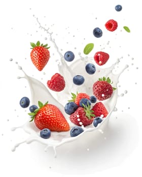 Dynamic milk splashes with fresh strawberries, raspberries, blackberries, and blueberries, creating a refreshing and vibrant composition. Isolated on white background