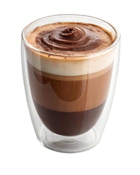 Rich mocaccino coffee served in a transparent double-wall glass cup with thick chocolate foam. Hot, aromatic, and creamy espresso drink. Isolated on white background