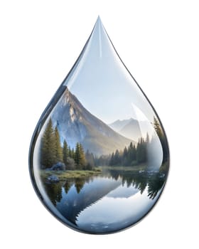 A large transparent water droplet reflecting a peaceful mountain landscape with pine trees, a lake, and a clear sky. Isolated on white background