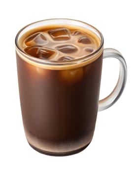 Chilled black coffee served in a transparent glass mug with ice cubes. Refreshing and strong. Isolated on white background