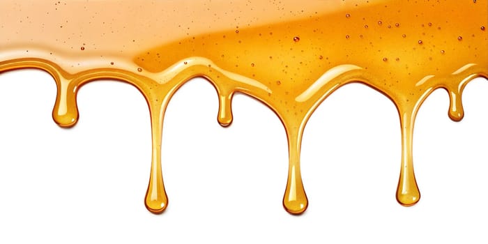 Golden honey dripping in smooth streams, creating a rich and glossy texture. Sweet, natural, and delicious syrup. Isolated on white background.