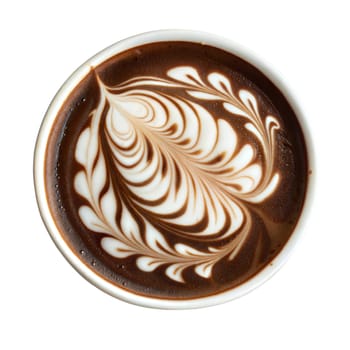 Top view of a coffee cup with beautiful latte art, creamy texture, and rich espresso. Isolated on white background