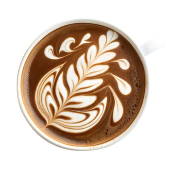 Top view of a coffee cup with beautiful latte art, creamy texture, and rich espresso. Isolated on white background