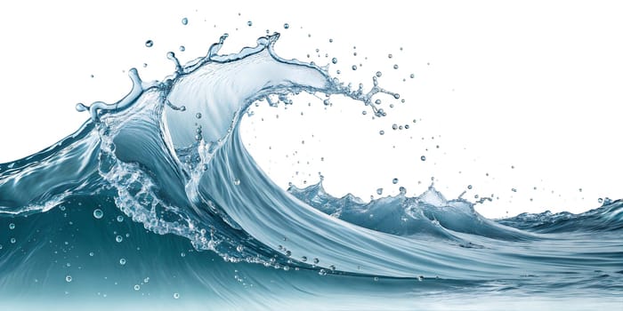 Crystal clear water wave captured in motion with splashes and droplets. Dynamic movement, fresh and natural. Isolated on white background.