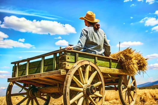 a strong open vehicle with two or four wheels, typically used for carrying loads and pulled by a horse