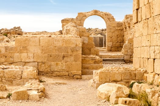 View of the ruined buildings in the ancient Nabataean city of Avdat, now a national Park, in the Negev Desert, Southern Israel